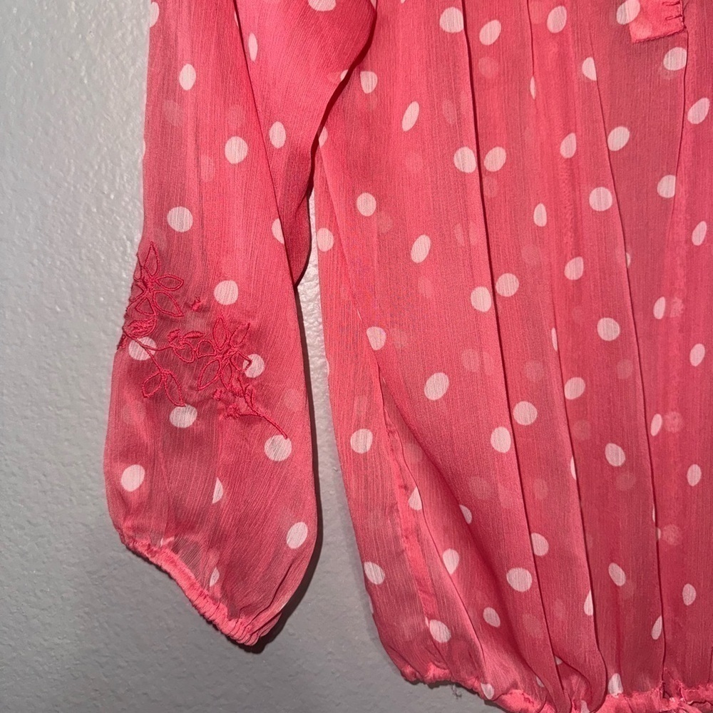 Nine‎ West Pink & White Polk a  Dot Sheer Embroidered Blouse Size S - Picture 2 of 7
